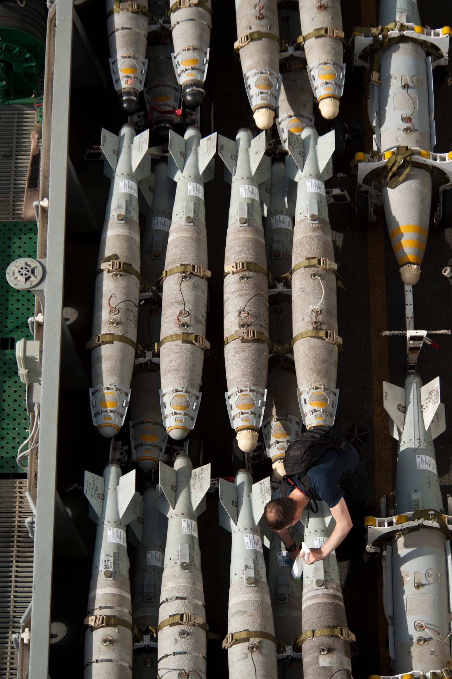 GULF OF OMAN (June 22, 2013) A Sailor maintains and cleans ordnance aboard the aircraft carrier USS Nimitz (CVN 68). The Nimitz Carrier Strike Group is deployed to the U.S. 5th Fleet area of responsibility conducting maritime security operations, theater security cooperation efforts and support missions for Operation Enduring Freedom. (U.S. Navy photo by Mass Communication Specialist 3rd Class Raul Moreno Jr./Released) 130622-N-LP801-007