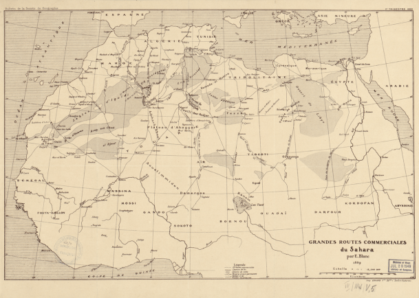 This 1889 map of trans-Saharan trading routes by French explorer Edouard Blanc reflects the growing priority that Europeans gave to land-based trade during the late 19th-century imperial “scramble for Africa.” In articles about his work, Blanc stressed the importance of identifying “natural” geographic routes that would connect French colonial possessions in west Africa, such as Senegal, to Algeria in north Africa, and link the Mediterranean coast to Sudan and central Africa. Blanc based his maps not only on his own travels but also on nearly a century of reports from European travelers dating back to the Englishman W. G. Browne’s 1793 voyage to Darfur. Features identified on the map include dunes, rivers, and dry valleys as well as Arab caravan routes, colonial railways, and roads. The routes of several European explorers also are documented, including Gustav Nachtigal’s 1869 expedition to Sudan, Oskar Lenz’s travels from Morocco to Timbuktu in 1880, the 1880 voyage to Sudan by the Italians Matteucci and Massari, and several French expeditions from the Algerian coast, including that of Colonieu in 1860 from Oran and of Flatters from Constantine in 1880-81.