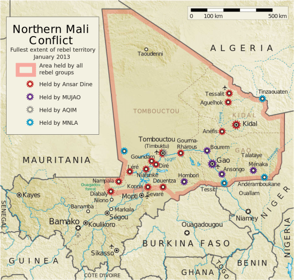 Map of the conflict in Northern Mali at its fullest extent in 2013