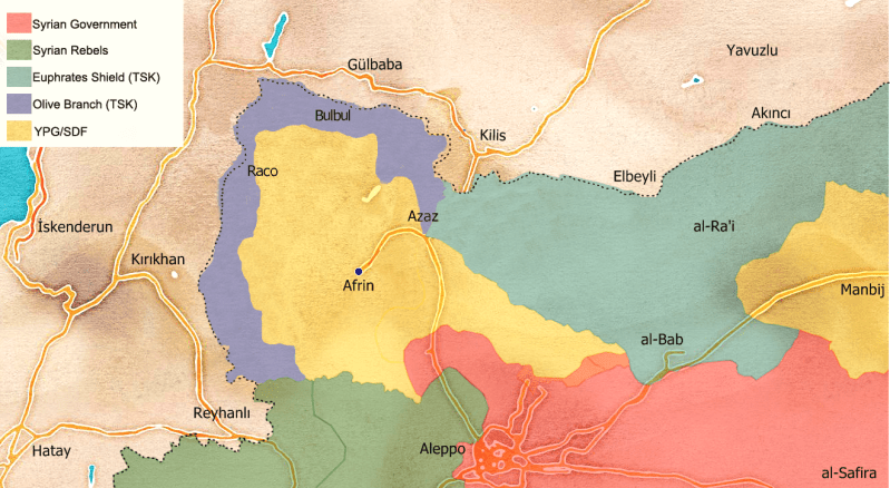 Turkish Army and Air force of Turkey elements hit YPG / PYD targets in Afrin, Syria (Open Street Map).