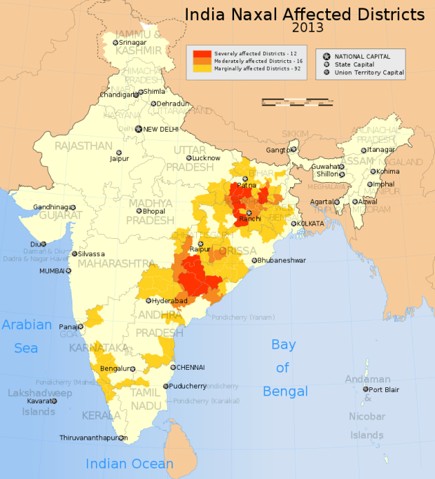 Map shows districts in India affected by Naxalites (left wing terrorism). Naxalites are considered far-left radical communists, supportive of Maoist ideology. Data Source for the Map: India Maoist Conflict Map Institute for Conflict Management, SATP This is a derivative work on File:India Naxal affected districts map.svg (2007), available on wikimedia commons. The data and coloring has been updated in the above map to reflect 2013 information, as accessed in June 2014.