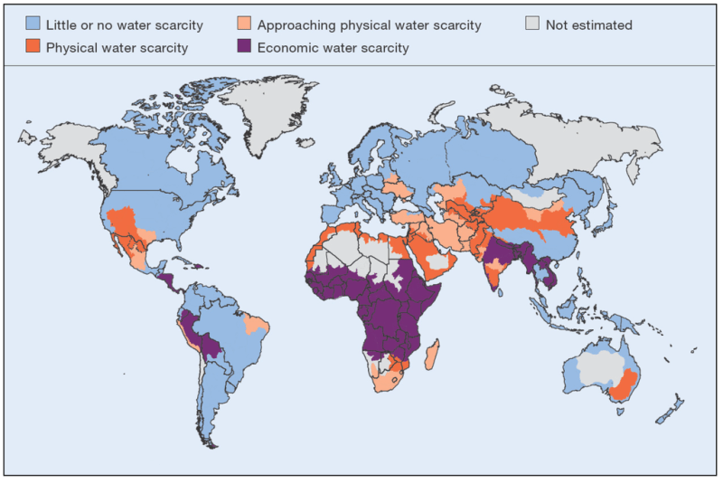 Areas of physical and economical water scarcity at the basin level in 2007