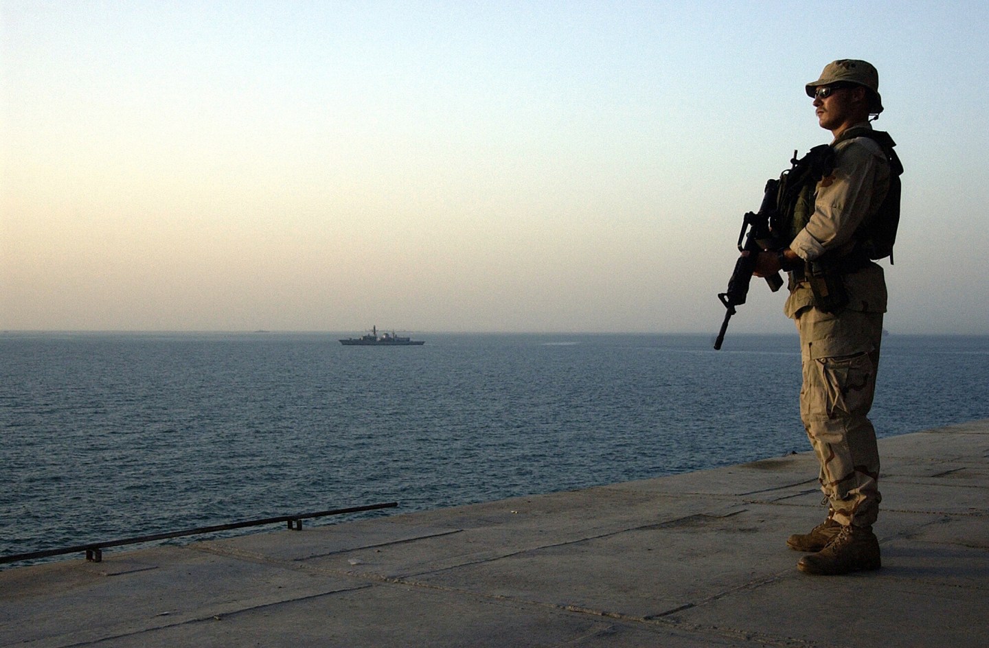Arabian Gulf (Aug. 2, 2004) - Master-at-Arms 2nd Class Simmons, assigned to Mobile Security Detachment Two One (MSD-21), stands topside security watch aboard the Al Basrah Oil Terminal (ABOT). The ABOT and Khawr Al Amaya Oil Terminal (KAAOT) are currently under the protection of Task Force 58, coalition and Iraqi security forces. U.S. Navy photo by Photographer's Mate 2nd Class Aaron Peterson
