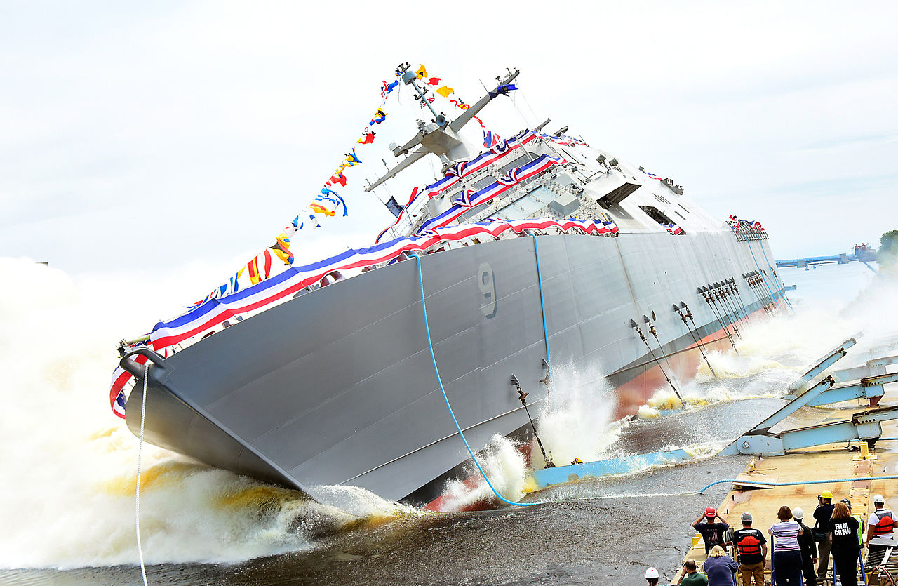 The U.S.Navy littoral combat ship USS Little Rock (LCS-9) is launched into the Menominee River in Marinette, Wisconsin (USA), on 18 July 2015 after a christening ceremony at the Marinette Marine Corporation shipyard.