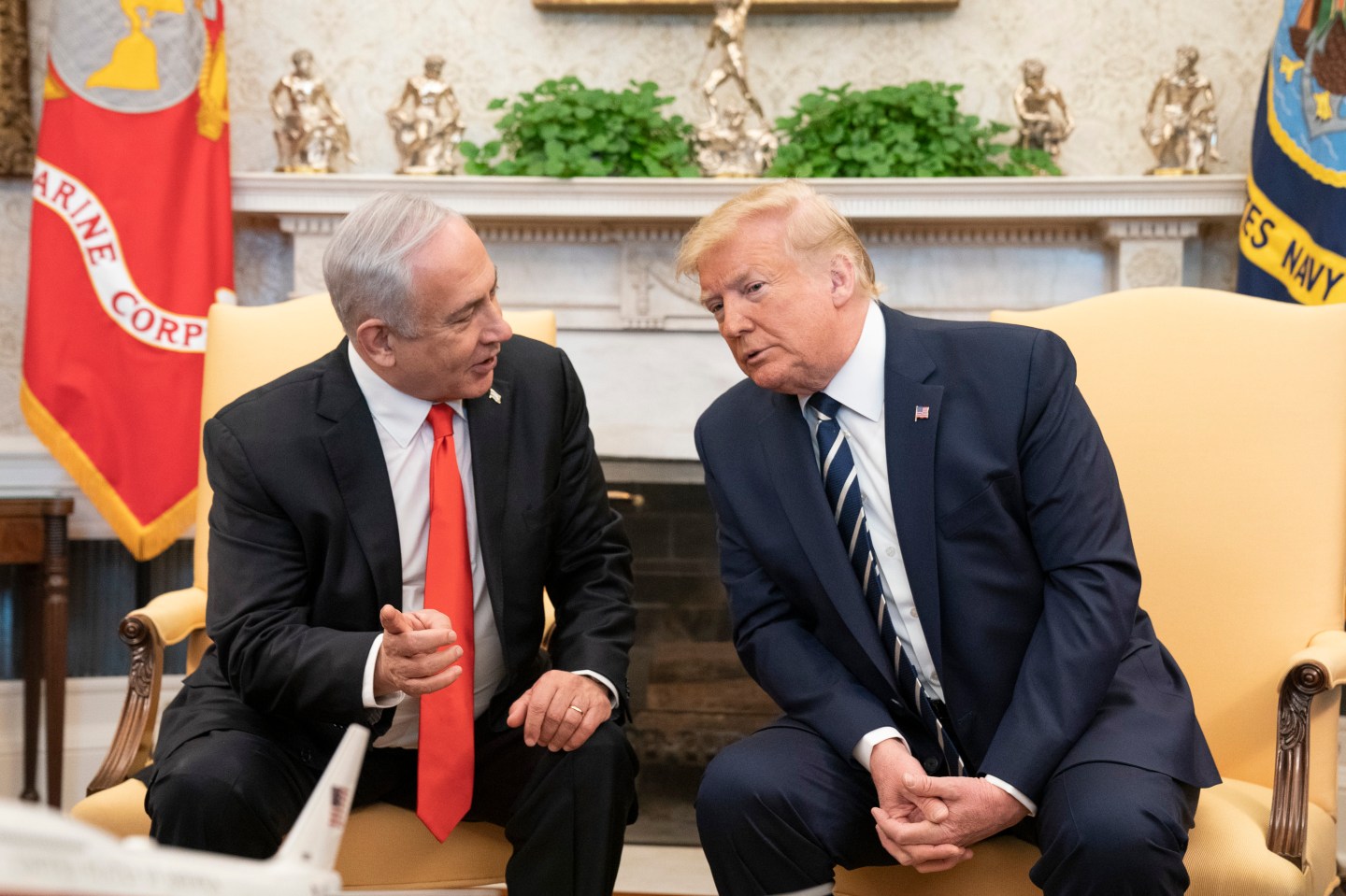 President Donald J. Trump, joined by Vice President Mike Pence, participates in a bilateral meeting with Israeli Prime Minister Benjamin Netanyahu Monday, Jan. 27, 2020, in the Oval Office of the White House. (Official White House Photo by D.Myles Cullen)