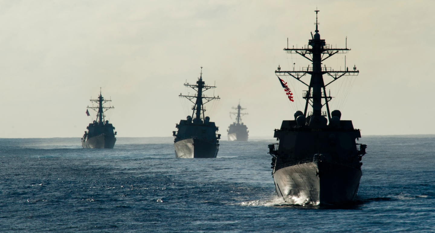 The guided missile destroyers USS Kidd (DDG 100), USS Dewey (DDG 105), USS Pinckney (DDG 91) and USS Wayne E. Meyer (DDG 108) sail in formation in the Pacific Ocean Feb. 12, 2012. The destroyers were part of the John C. Stennis Carrier Strike Group and were operating in the U.S. 7th Fleet area of responsibility. (DoD photo by Mass Communication Specialist 3rd Class Kenneth Abbate, U.S. Navy/Released)