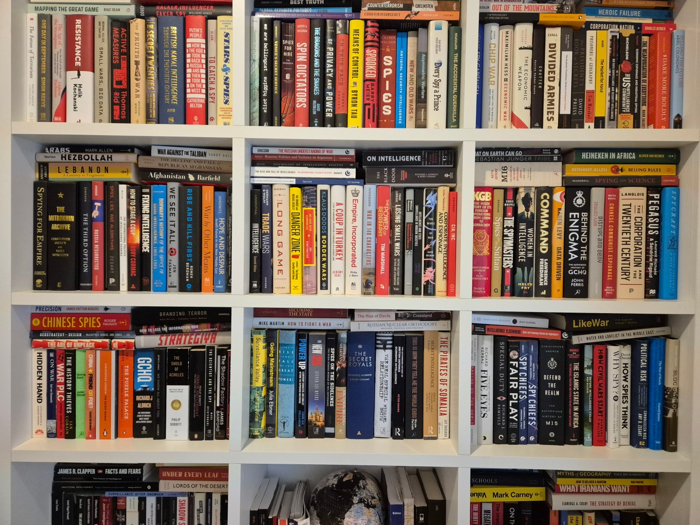 A bookshelf full of geopolitics and intelligence books